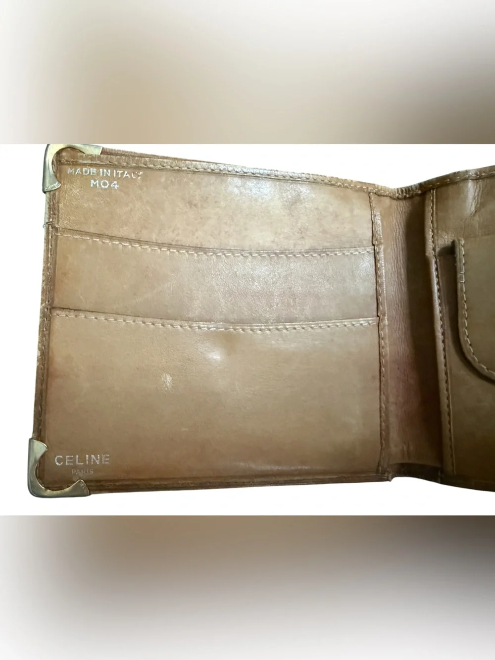 Celine Vintage Macadam Portefeuille Billfold RARE Gold Tipped Corners Unisex